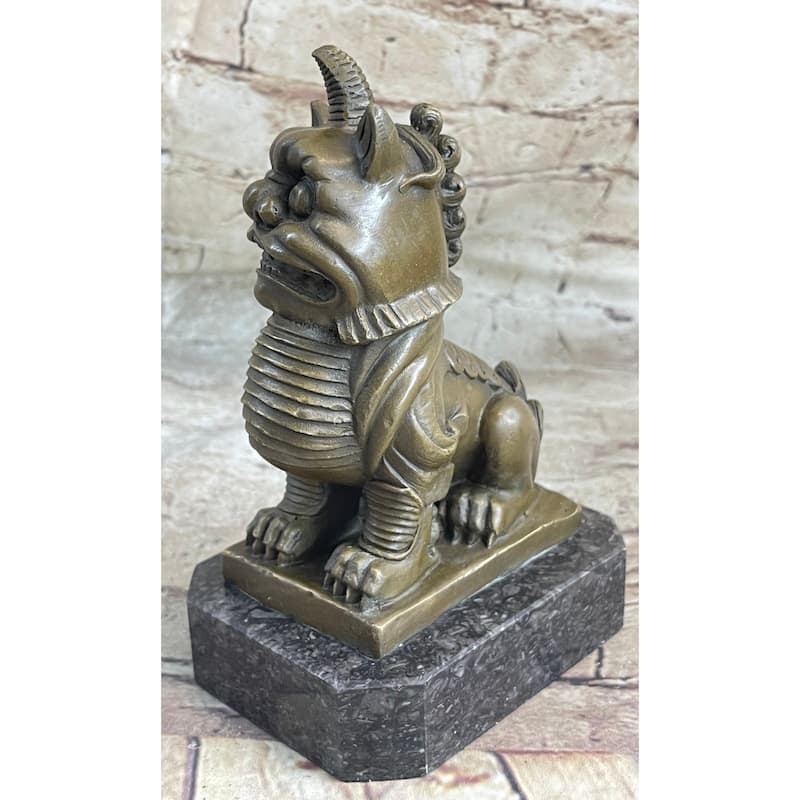 Chinese Foo Imitative Dog Guardian Imitative Lion Bronze Statue Sculpture Figure Marble Base 7.5 Inches X 5 Inches