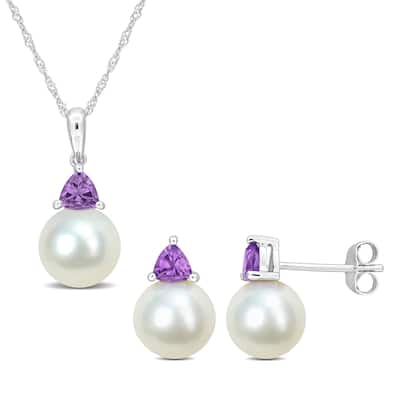 Miadora 8-8.5mm Cultured Freshwater Pearl 5/8ct TGW Amethyst Jewelry Set 10k White Gold - 17 in