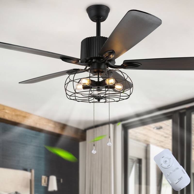 52" Industrial Ceiling Fan with Remote and Light Kit, 3-Speed Reversible Metal Caged Ceiling Fan - 42 inches