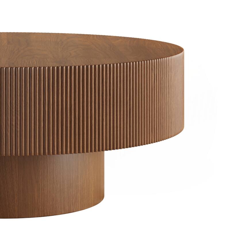 Round Coffee Table with 6.8" Thick Tabletop, Modern Drum End Table - Walnut