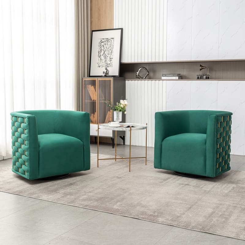 Modern Glam Velvet Upholstered 360 Degree Swivel Barrel Chair Set of 2 - Green