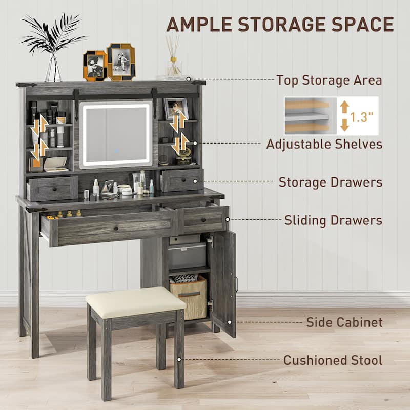 HOMCOM Vanity Desk with Mirror and Lights, 42" Glass Top Makeup Vanity Table Set with 3 Color Lighting, Shelves for Bedroom