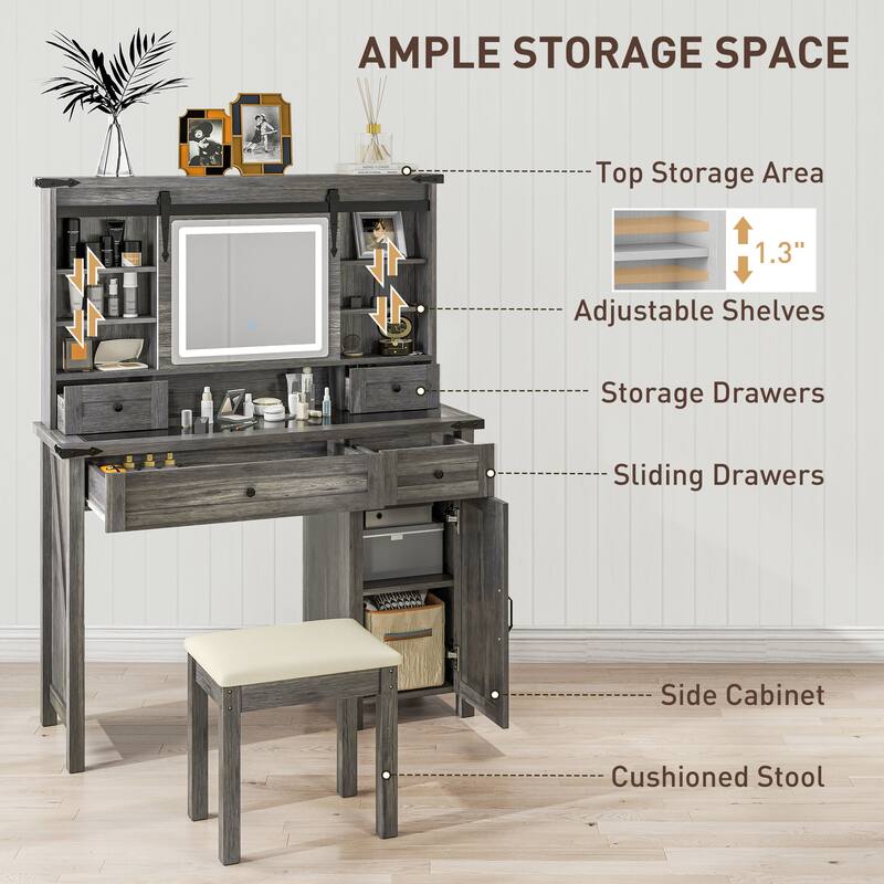 LED Dressing Table With 4 Drawers Cabinet Shelves And Stool - 42" W x 15.9" D x 54.1"H