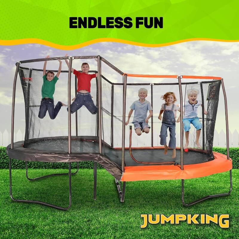 10x17 ft Multi-Level Oval Trampoline Combo - Dual-Height Jump Zones with Enclosure, Target Toss & Hoop - 204