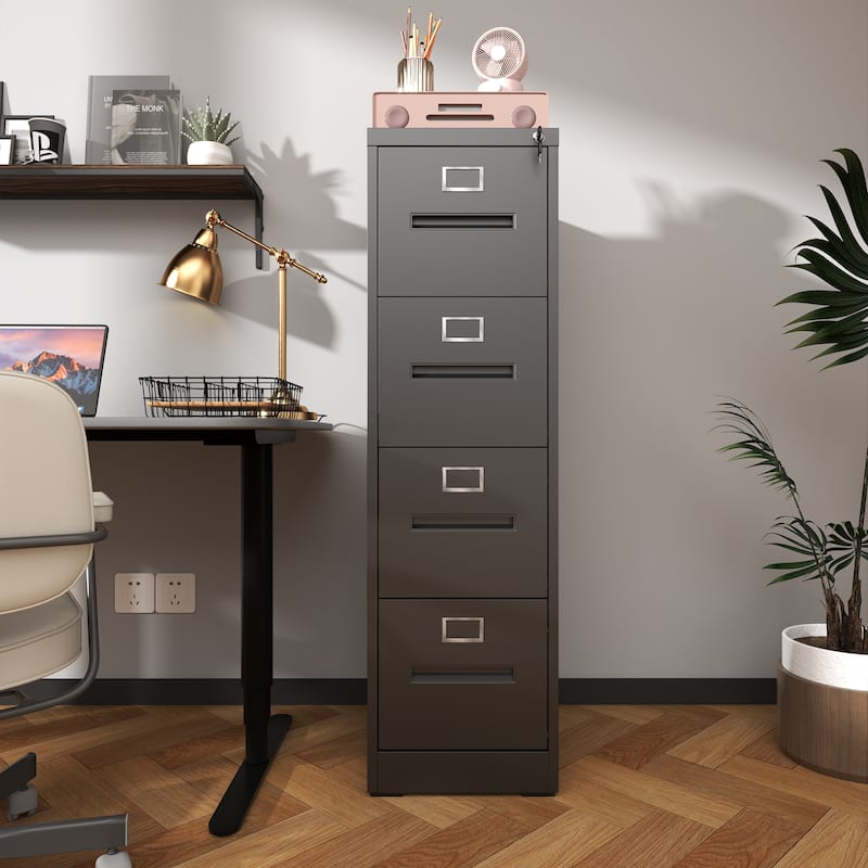 4 Drawer File Cabinet with Lock Metal Vertical File Cabinet Office Home, A4 Legal/Letter Size Narrow File Cabinet Locked - Black