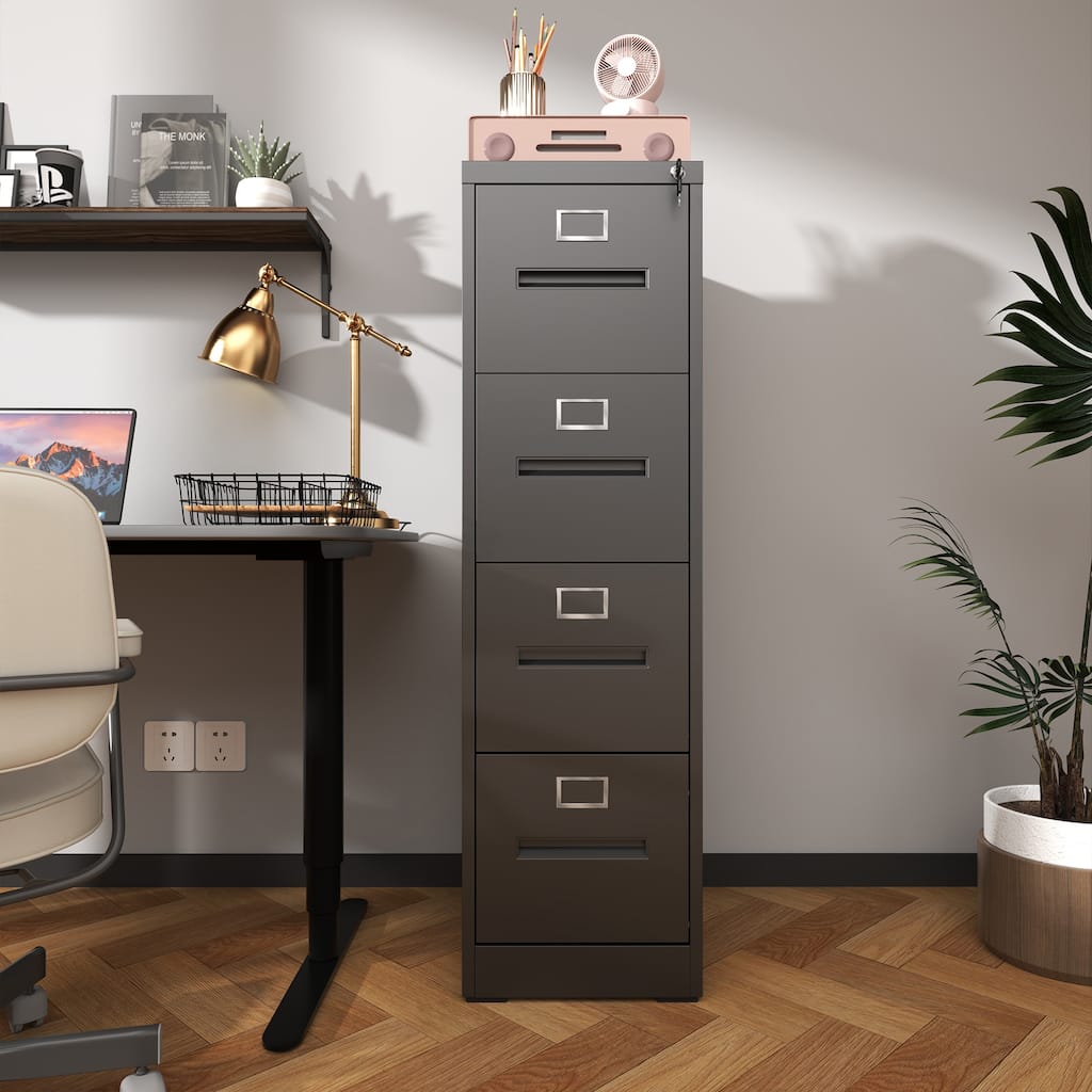 4 Drawer Vertical Filing Cabinet with Lock, Metal Narrow File Storage Cabinet with Anti-Tilt Drawers