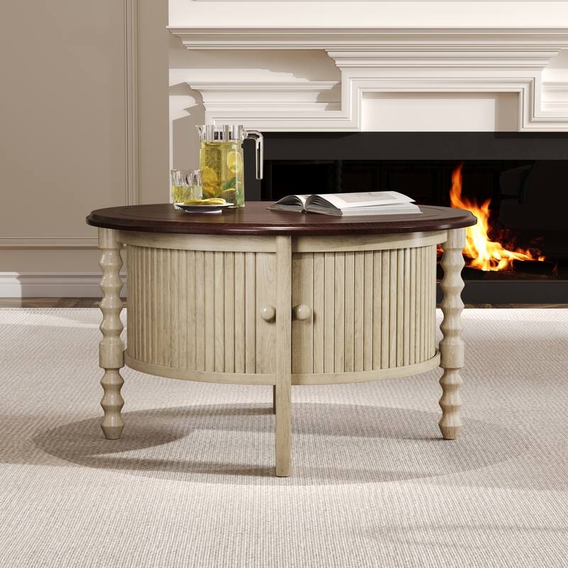 Round Coffee Table End Table with Storage, Vintage Cocktail Table Beige Espresso Center Table with Sliding Door