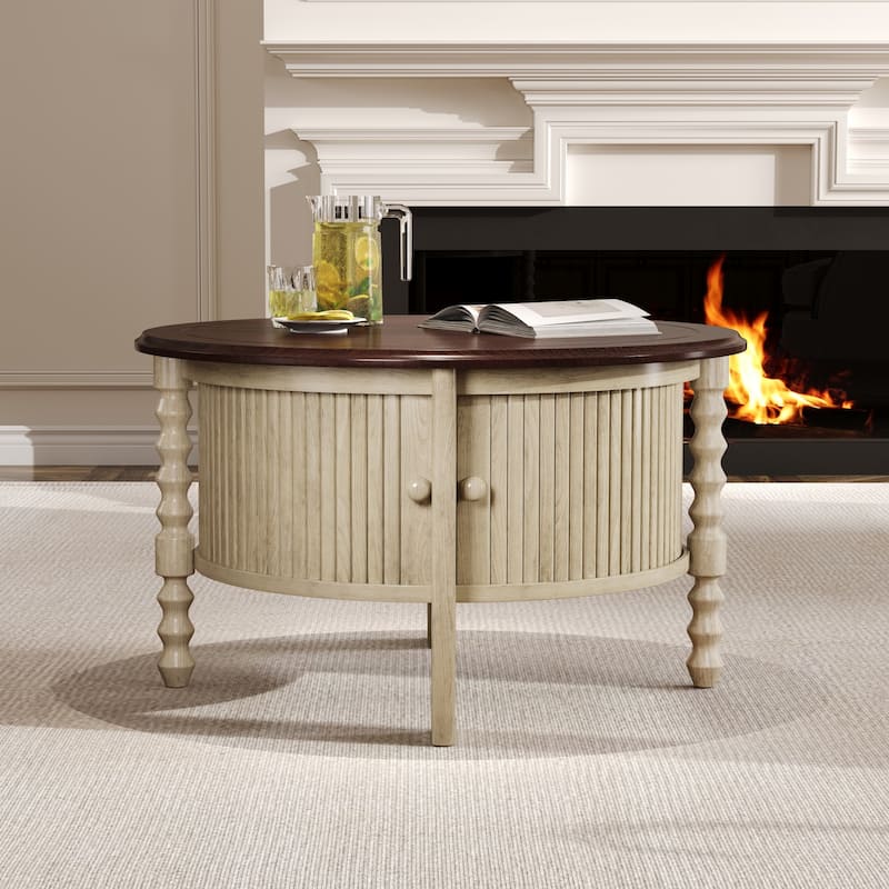 Vintage Round Coffee Table - 30.3" Mid-Century Modern, Sliding Door & Slatted Design - Beige