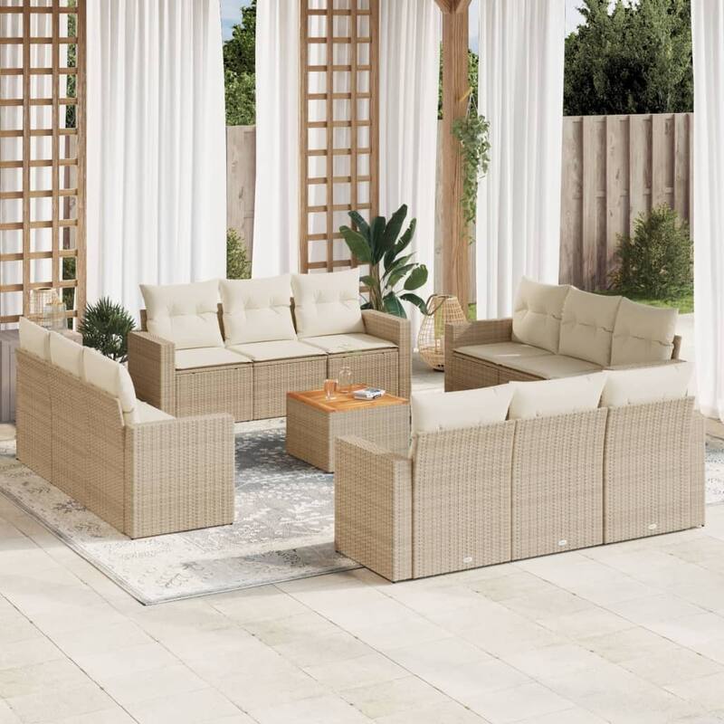 vidaXL Patio Sofa Set with Cushions Outdoor Furniture 13 Piece Poly Rattan - 25.8 x 24.4 x 27.2 - Beige and Cream