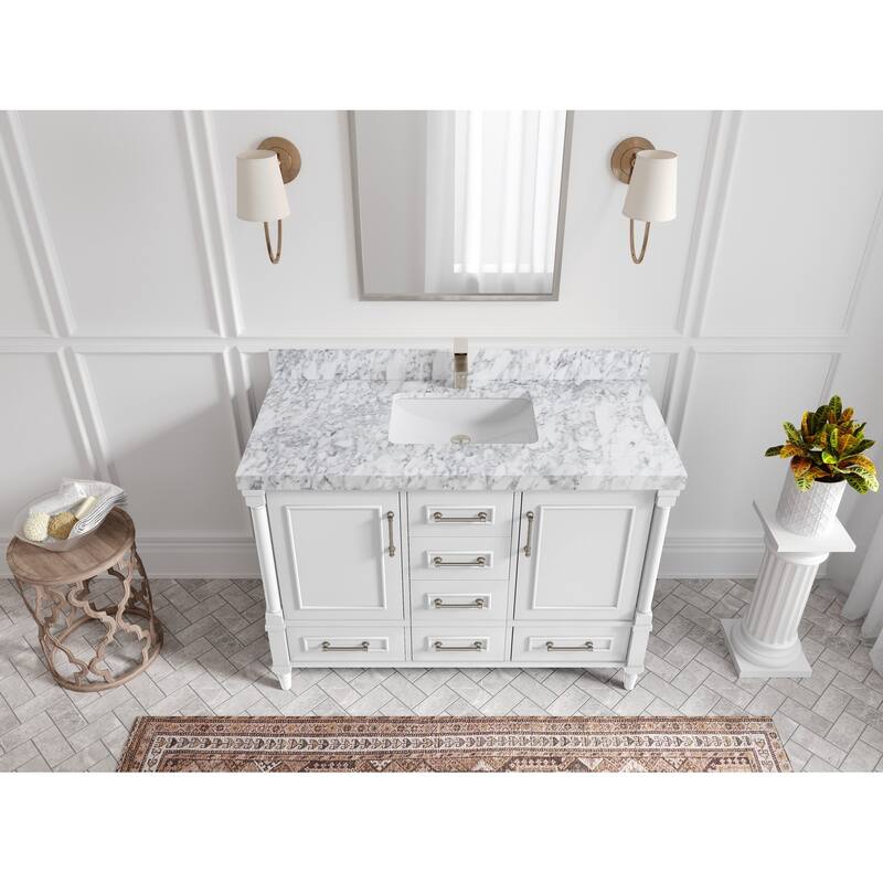Willow Collections 48 in. W x 22 in. D Aberdeen Single Bowl Sink Bathroom Vanity with Countertop - 2" Carrara Marble - White
