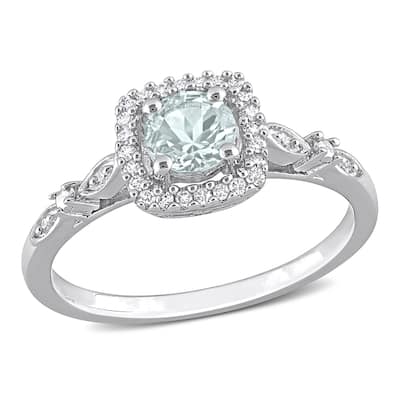 Miadora 3/8ct TGW Aquamarine 1/10ct TW Diamond Square Halo Ring in Sterling Silver