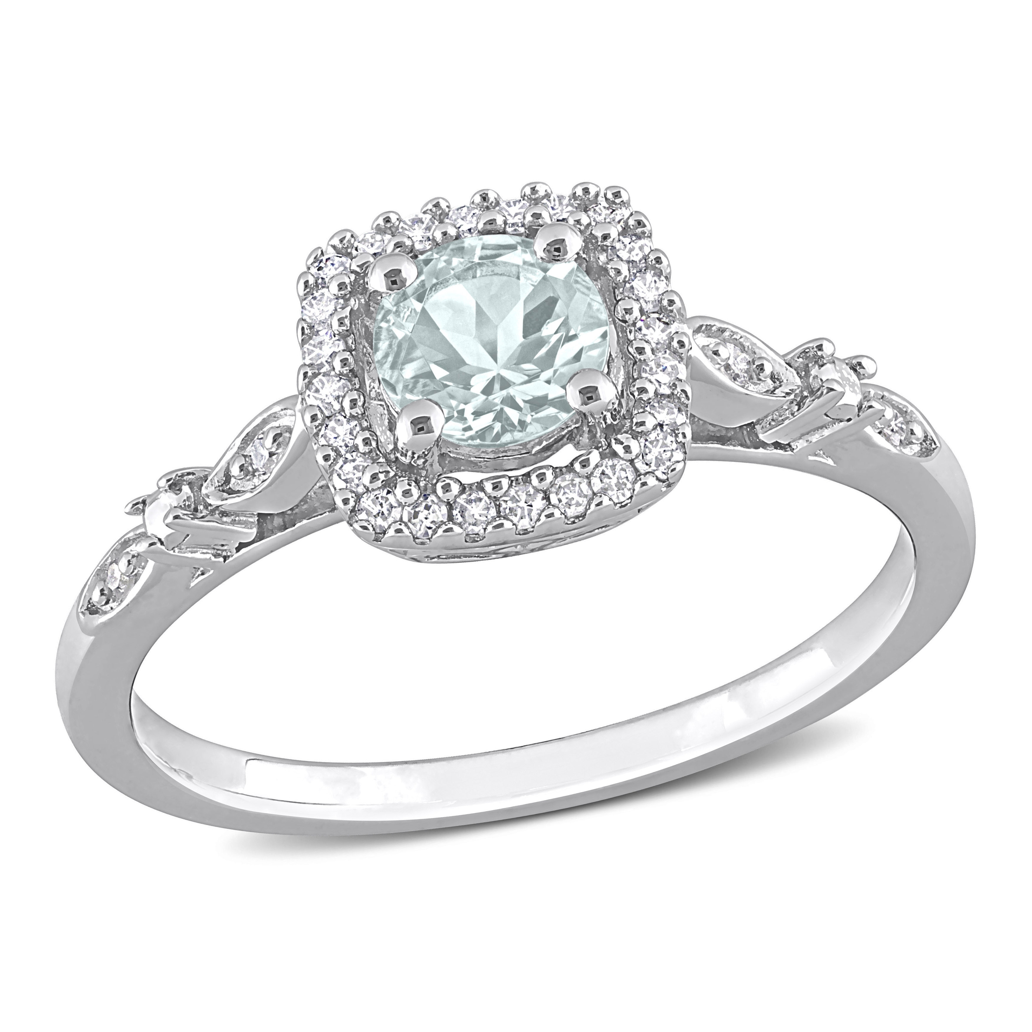 Miadora 3/8ct TGW Aquamarine 1/10ct TW Diamond Square Halo Ring in Sterling Silver