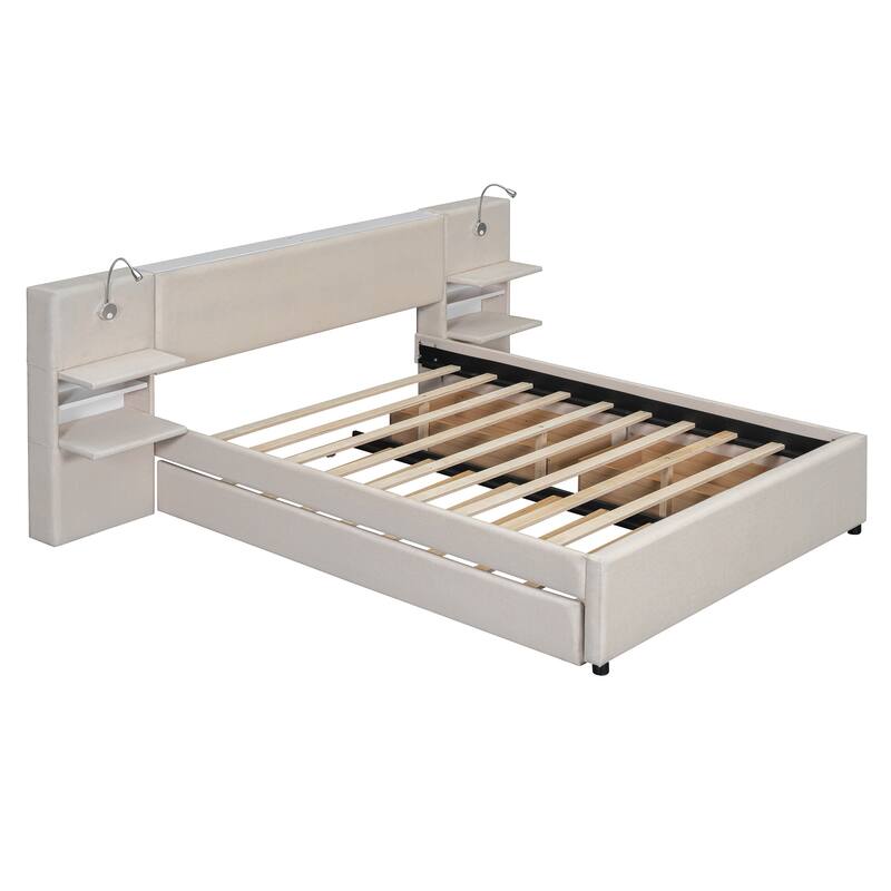 Queen Size Upholstered Platform Bed with Drawers Trundle Flip-up Storage Headboard Side Storage Racks Reading Lights Linen
