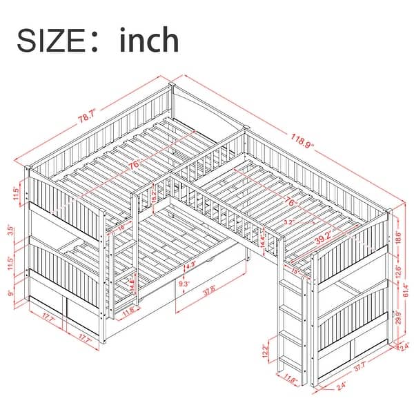 Twin Size Triple Bunk Bed with Attached Loft and Two Drawers, Space-Saving Design