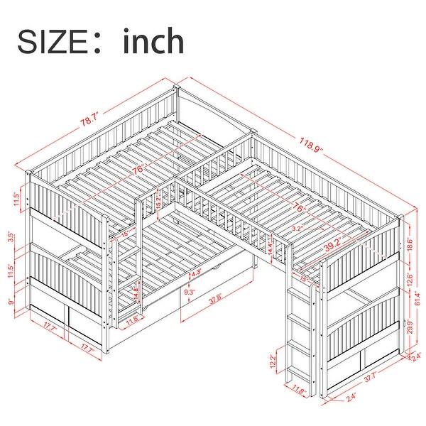 Wooden L Shaped Twin Size Bunk Bed with A Loft Bed attached, with 2 Drawers