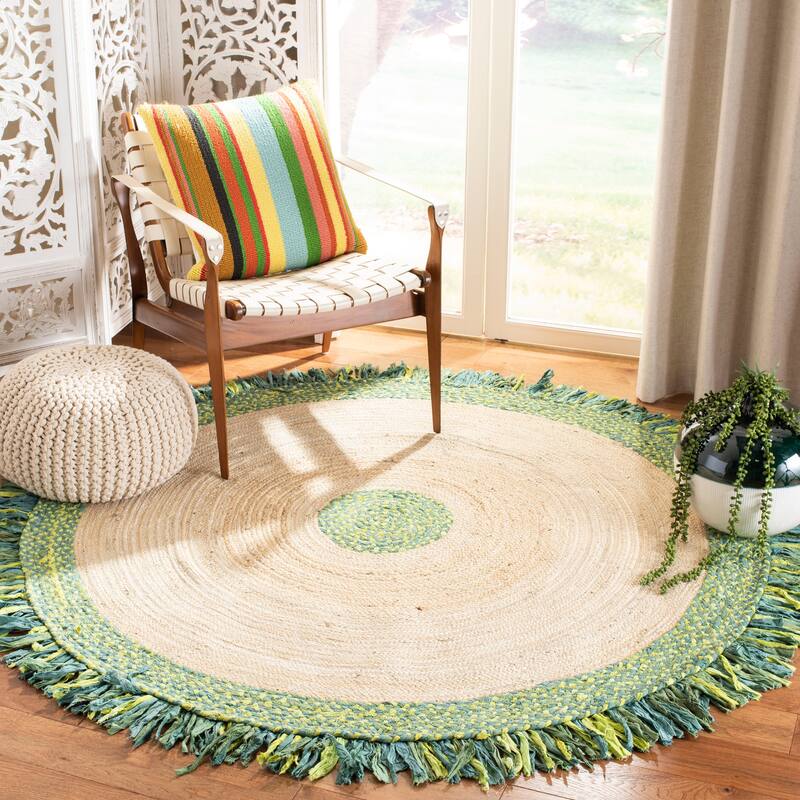 SAFAVIEH Handmade Cape Cod Onorata Coastal Jute Rug with - 4' Round - Green/Natural