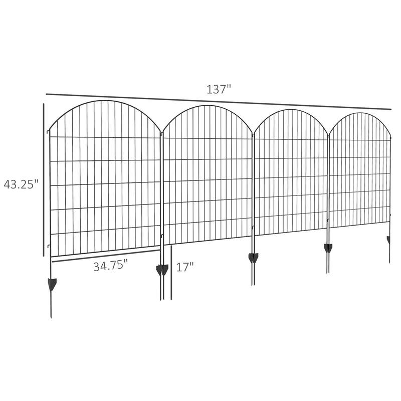 Set of 4 Black Powder-Coated Steel Garden Fence Panels for Patio Yard or Garden Partition - 137" L x 43.25" H