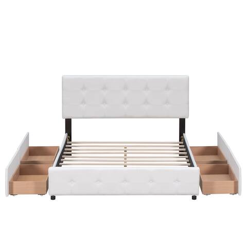 White Queen Size Upholstered Platform Bed with Classic Headboard and 4 Drawers, No Box Spring Needed, Linen Fabric