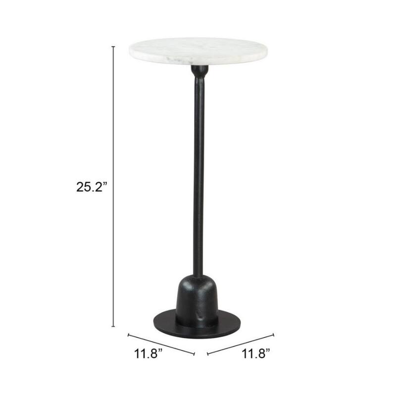 Modern Round Marble Top End Table 25" Tall with Black Aluminum Pedestal Base for Bedroom - 25.2”H x 12”L x 12”W