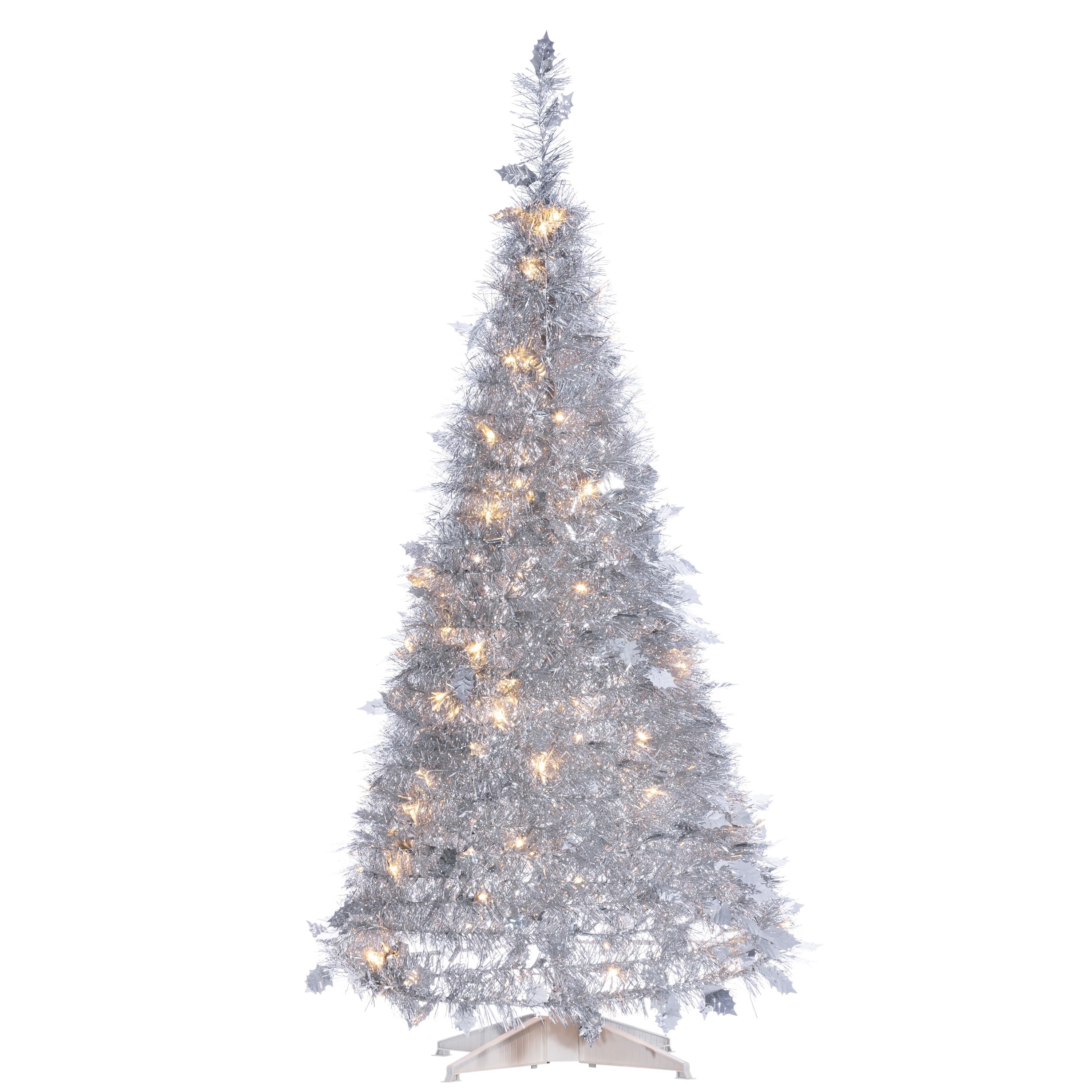 4 ft. Pre Lit Warm White LED Pop up Silver Tinsel Tree - N/A