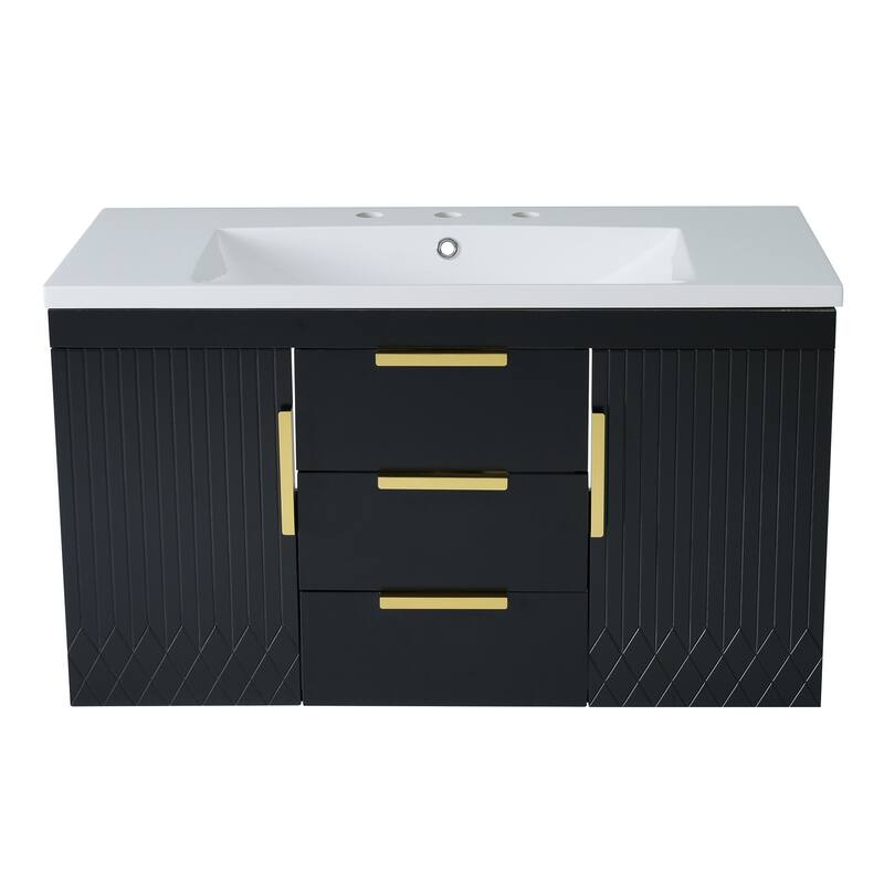 Floating Geometric Lines Cabinet Wall Mounted Bathroom Vanity with Resin Sink, 2 Drawers, 2 Storage Cabinet and Gold Handles