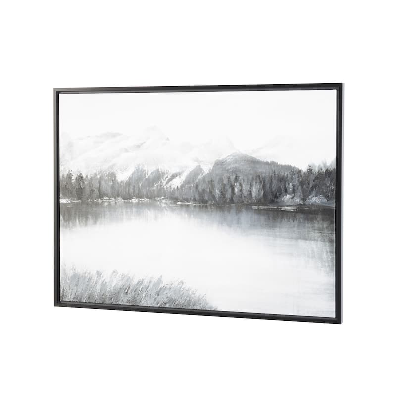 Gray Canvas Neutral Toned Lake Landscape Framed Wall Art with Black Frame
