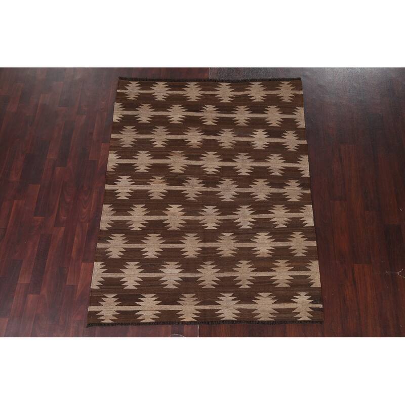 Natural Dye Brown Kilim Oriental Area Rug Wool Hand-woven Foyer Carpet - 5'3" x 6'8"