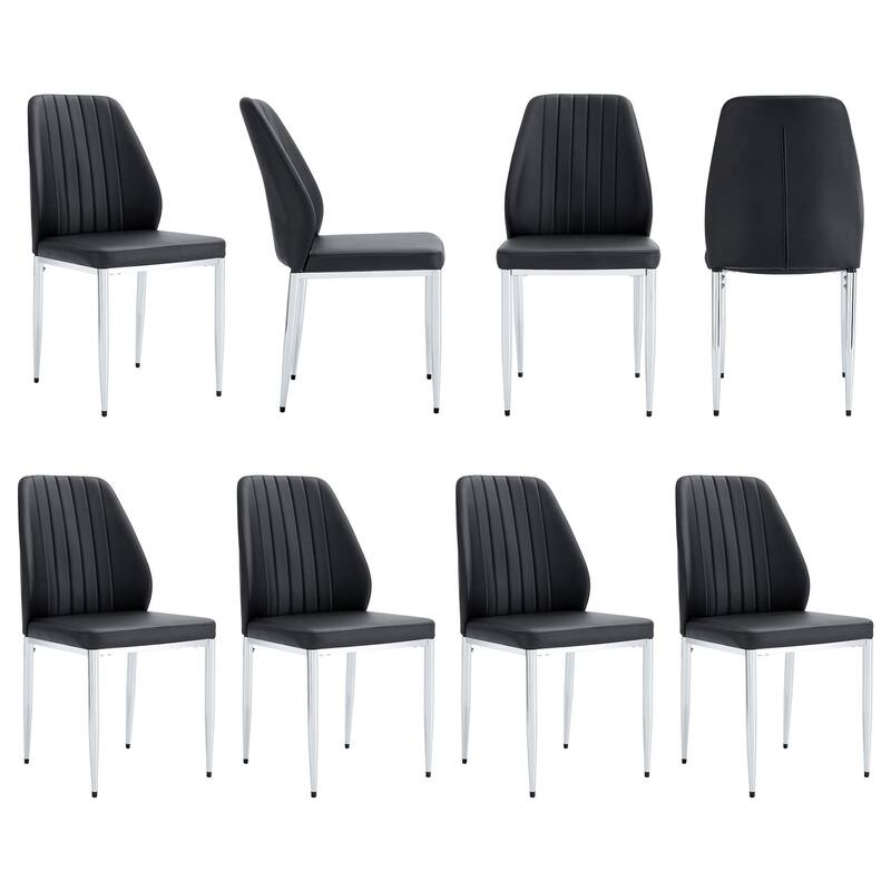 Roomfitters PU Dining Chairs with Extended Backrest and Silver Metal Legs, Modern Upholstered Set of 8 - Black
