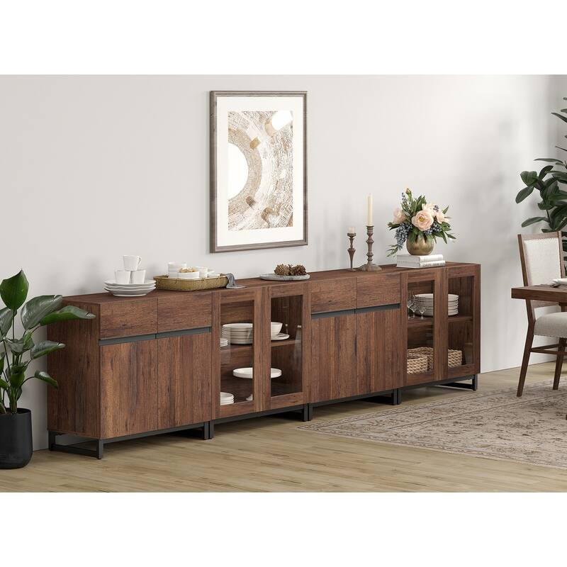 Modern Sideboard with Adjustable Shelves, 4 in 1 Storage Cabinet with Glass Doors, Coffee Bar Cabinet for Kitchen - 126 inches - Brown
