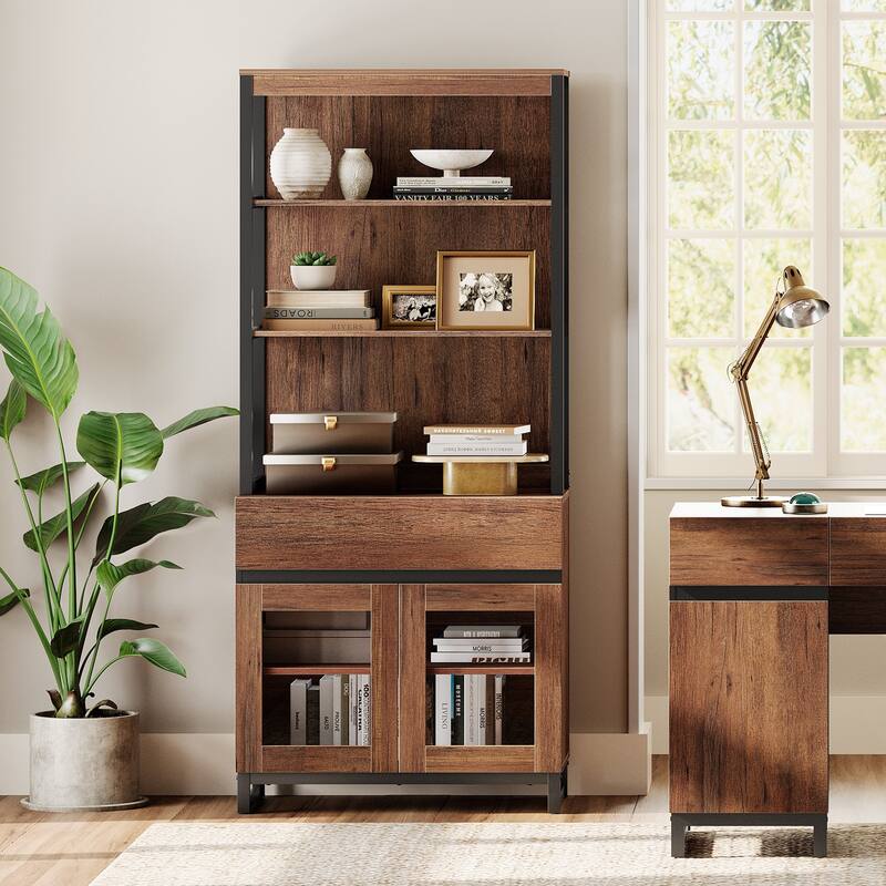 Modern 72" Tall Bookcase with Drawer and Open Book Shelfs for Home Office, Living room.