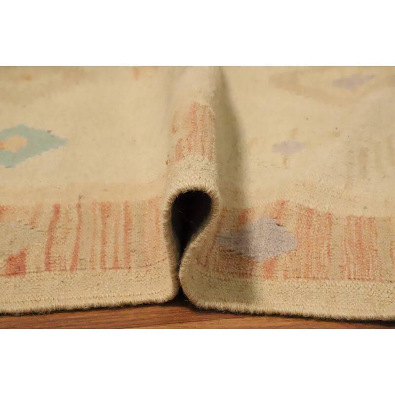 Hand Woven Oriental 100% Wool Carpet Southwestern Tribal Beige & Ivories Kilim Runner Rug - 9' 10'' X 2' 10''