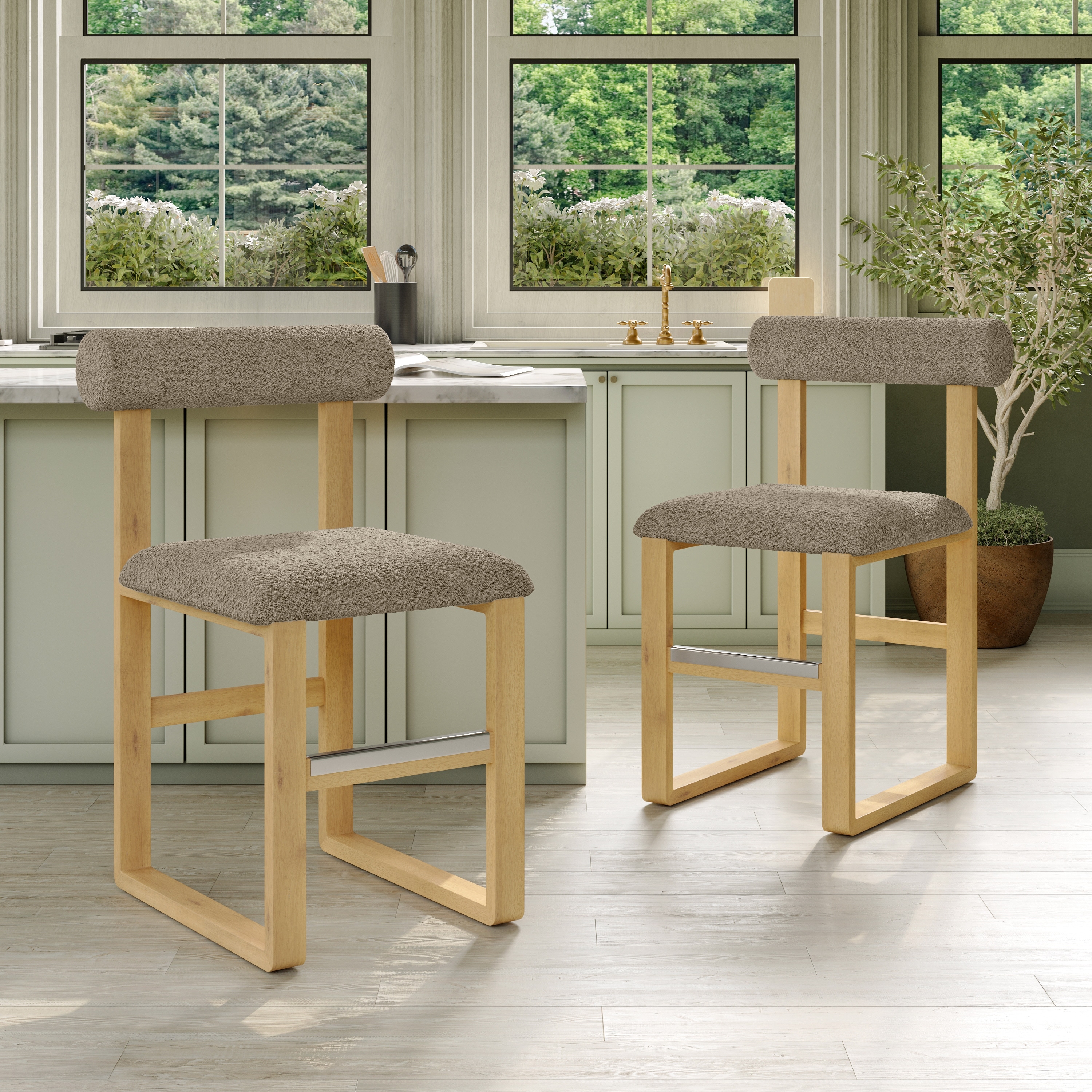 Corvus Caen Teddy Fabric Bar Stools with Wood Legs (Set of 2)