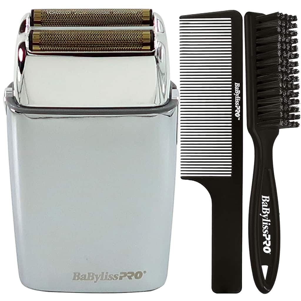 BaByliss Pro FOILFX02 Cordless Metal SILVER Double Foil Shaver FXFS2S-SILVER + BaByliss Pro Fade Brush + 9" Comb