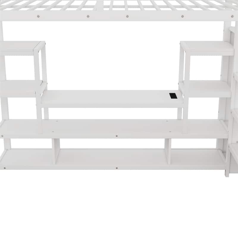 Full Size Metal Loft Bed with TV Cabinet and Staircase, Wardrobe