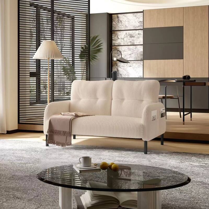 Corduroy Foam Upholstered Loveseat Couch Ergonomic Lounge Sofa with Side Pockets and Solid Wood Frame Soft 2 Seater Sofa
