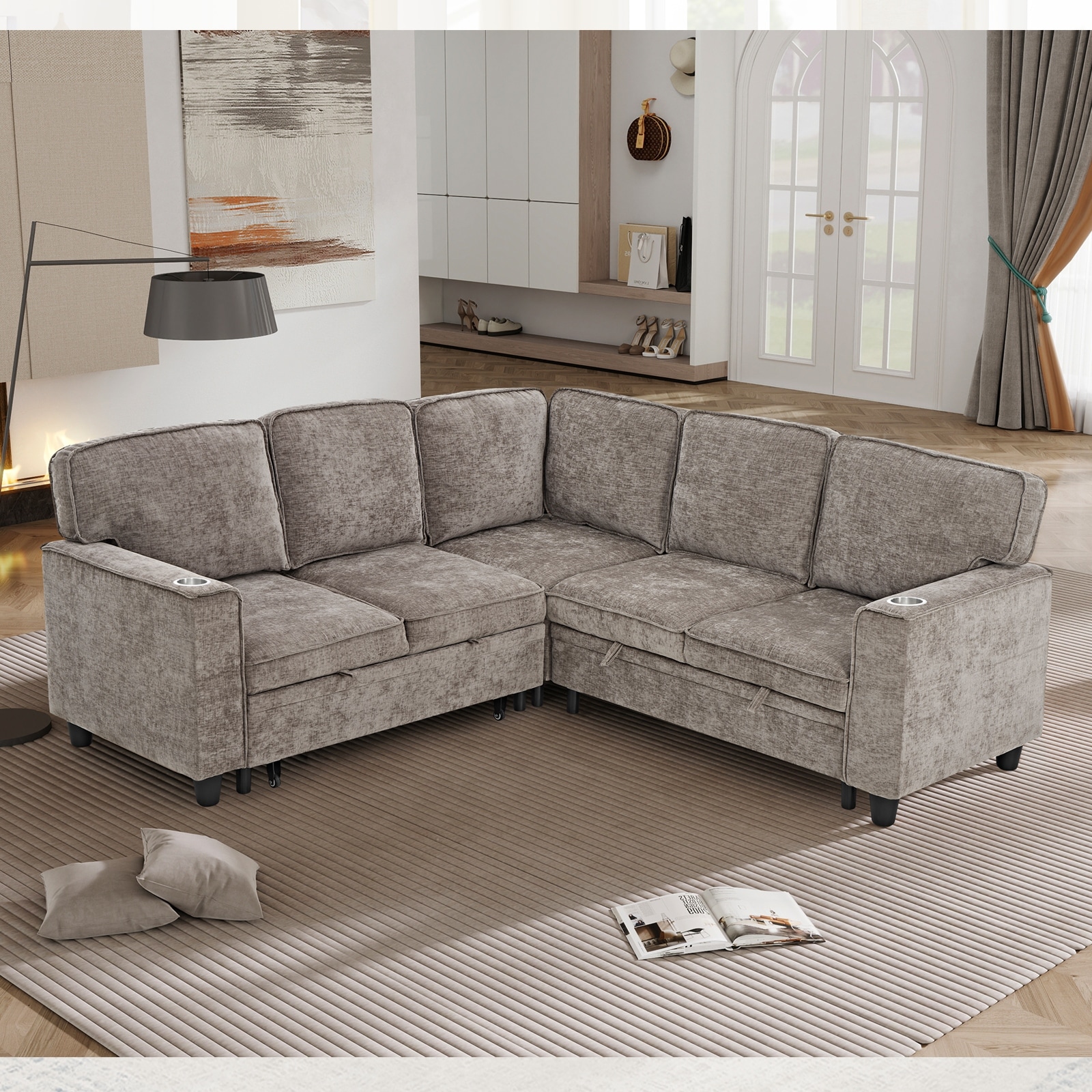 GDFStudio - Modern 5-Seat Sectional L-Shaped Sofa with Pull-Out Sleeper Bed, Storage, Cup Holder & USB Charging - 81"W