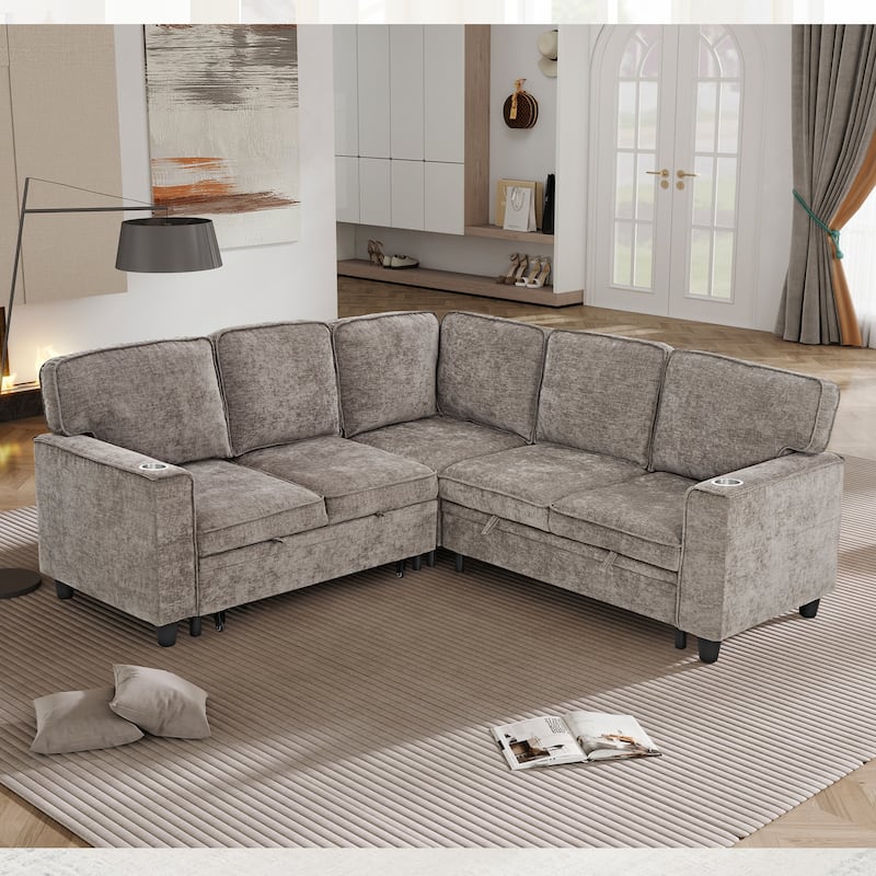 Modern Chenille L-Shaped 5-Seat Sectional Sofa Bed with Storage, USB Ports and Cup Holders for Living Room