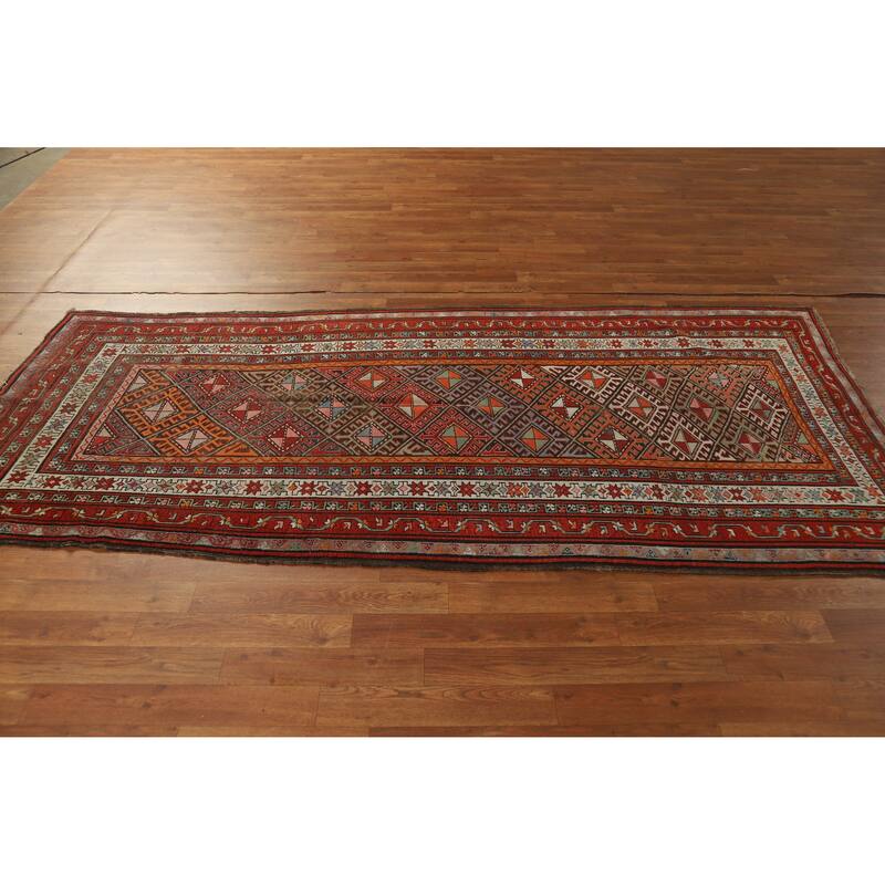 Hand Knotted Oriental 100% Wool Carpet Traditional Geometric Oranges & Rust Kazak Runner Rug - 8' 6'' X 3' 8''