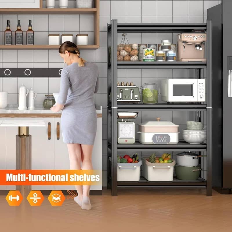 5-Tier Black Metal Storage Shelving Unit with Adjustable Horizontal Shelves for Garage or Kitchen - 35.40”L x 15.70”W x 71.20”H