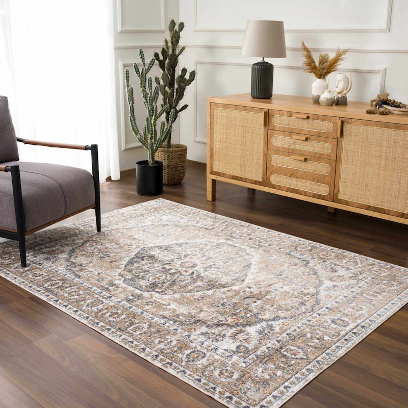 Hauteloom Manhattan Machine Washable Oriental Persian Medallion Vintage Distressed Area Rug - 6'7" x 9' - Blue, Olive, Tan, Ivory, Beige, Orange, Mustard