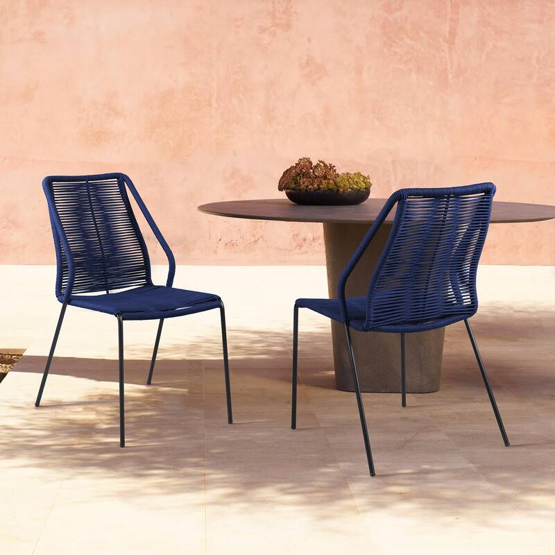 Clip Rope and Steel Indoor Outdoor Stack Dining Chairs - Set of 2 - Blue