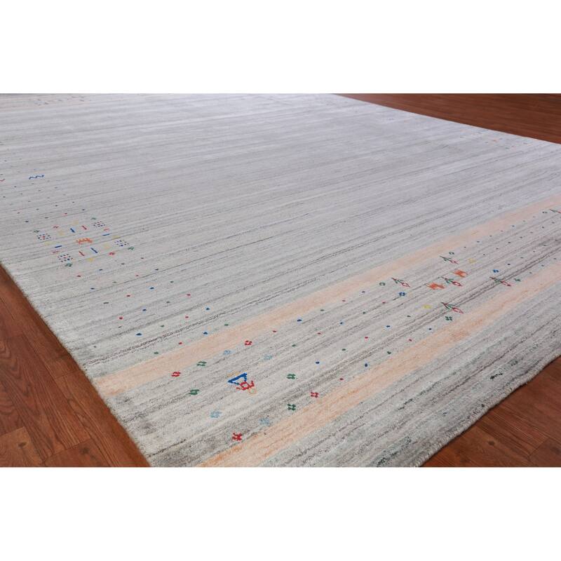 Striped Gabbeh Area Rug Hand-Knotted Oriental Wool Carpet - 9'4" x 12'5" - 9'4" x 12'5" - Grey