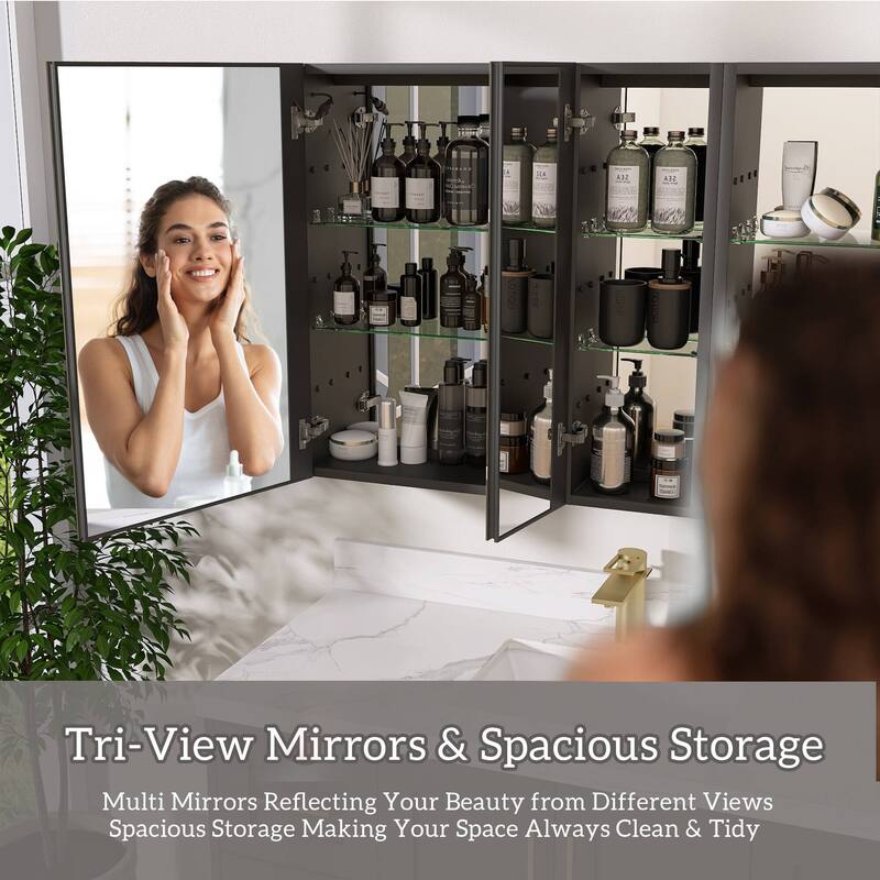 ZEAFIVE LED Black Bathroom Medicine Cabinet Surface Mount Defog Medicine Cabinet 3 Lights Dimmable