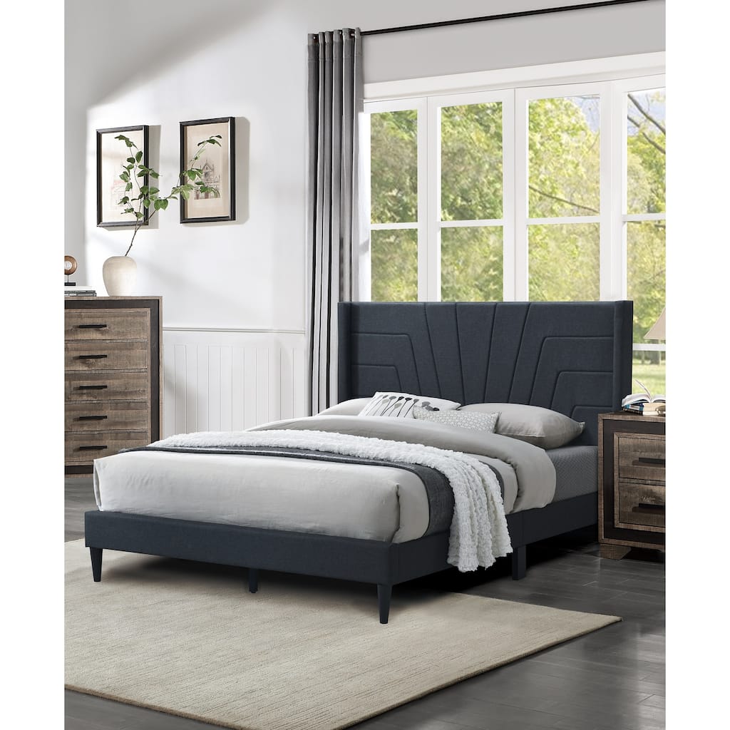 Queen Size Upholstered Platform Bed with Charcoal Burlap Fabric Headboard