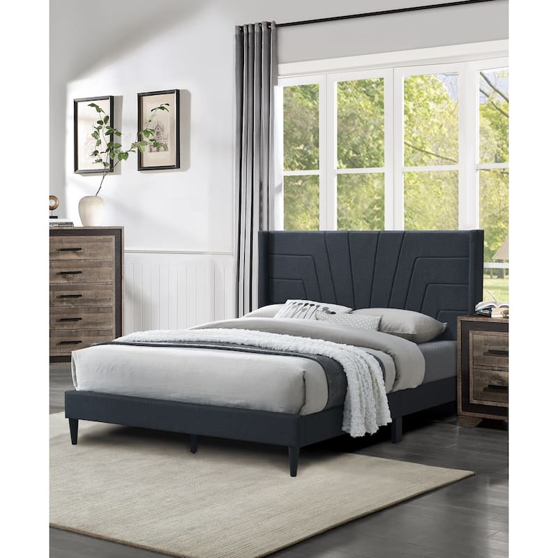 Queen Size Upholstered Platform Bed with Charcoal Burlap Fabric Headboard - Charcoal