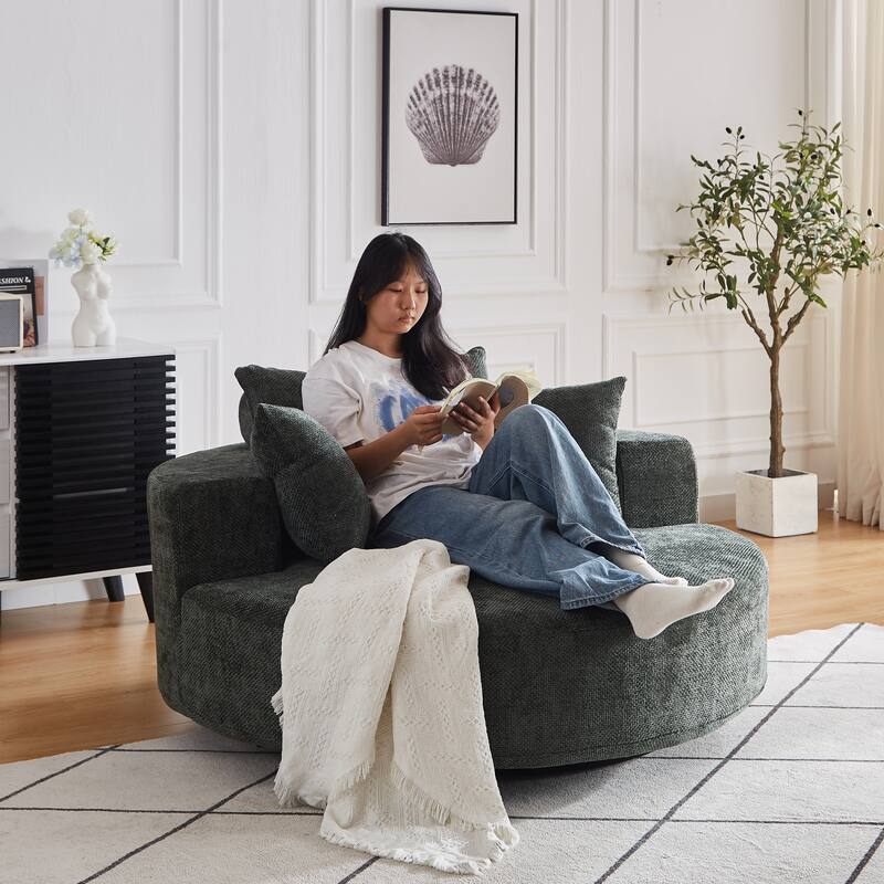 360 Degree Swivel Sofa Chair with Backrest Pillow for Livingroom 55'' Chenille Single Sofa, Round Fluffy Sleeper Sofa - Green