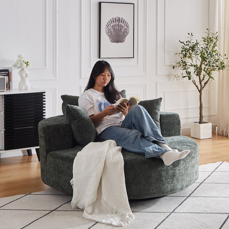 Oversized Swivel Barrel Chair, Chenille Upholstered Round Armchair, Single Sofa Chair with Headrest & 3 Cozy Pillows