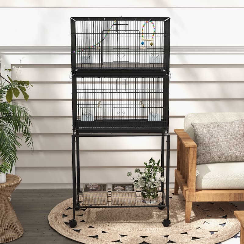 PawHut Double Stackable Bird Cage on Wheels w/ Stand for Canaries