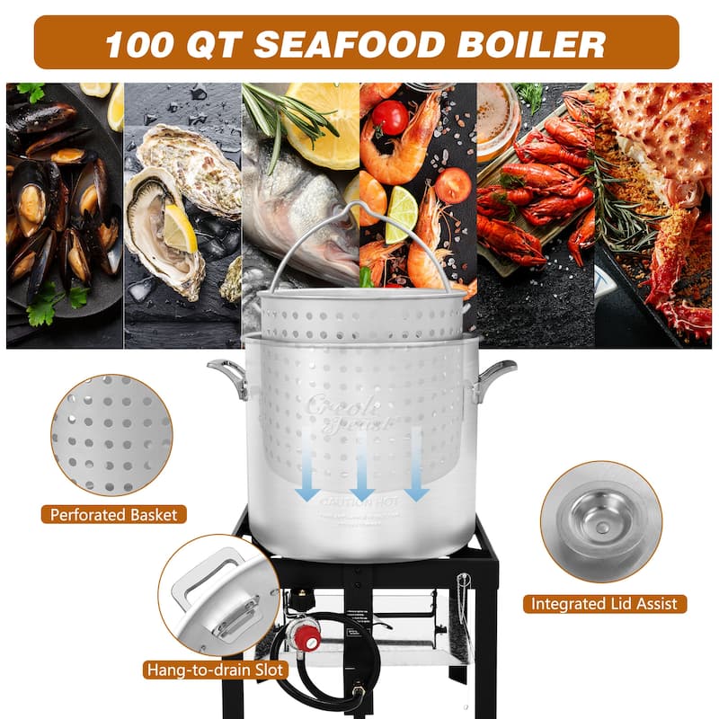 Creole Feast 60QT/100QT Seafood Boiling Kit with Strainer, Aluminum Propane Gas Boiler with 10 PSI Regulator
