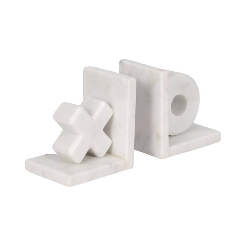 Sagebrook Home Chic Marble X and O Bookends, Sophisticated White, 5-Inch - Elevate Your Shelves, Set of 2 - 5" x 4" x 5"